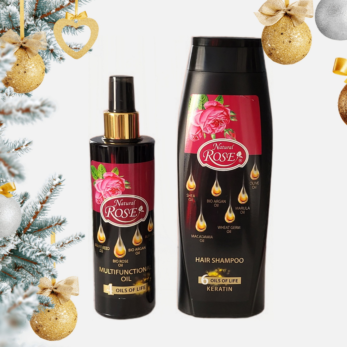 Sada NATURAL ROSE - Šampón na vlasy 6 olejov + Multifunkčný olej 4v1 Bio argan a Rose