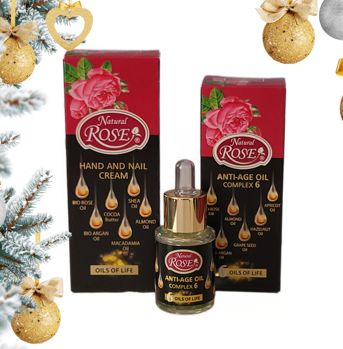 Sada NATURAL ROSE - Komplex 6 olejov na pleť + Krém na ruky a nechty Bio argan a Rose