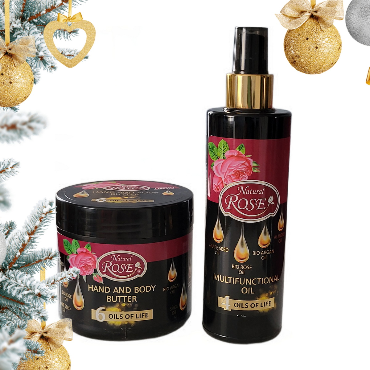 Sada NATURAL ROSE – Maslo na telo a ruky 6 olejov + Multifunkčný olej 4v1 Bio argan a Rose