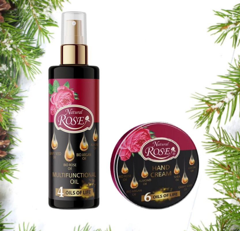 Sada NATURAL ROSE - Multifunkčný olej 4v1 Bio argan a Rose + krém na ruky 6 olejov